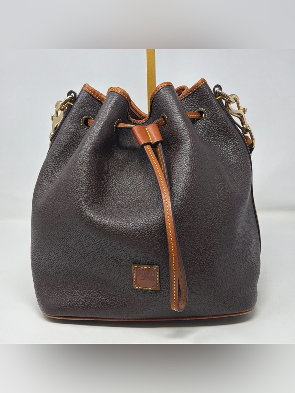 Dooney & Bourke Large Pebbled Leather Drawstring Bucket Shoulder Bag Brown